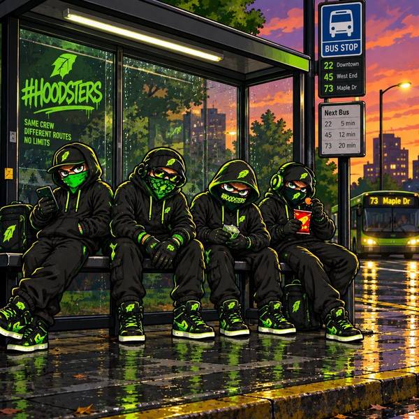 Hoodsters waiting at a rainy bus stop with a #HOODSTERS ‘Same crew, different routes, no limits’ poster