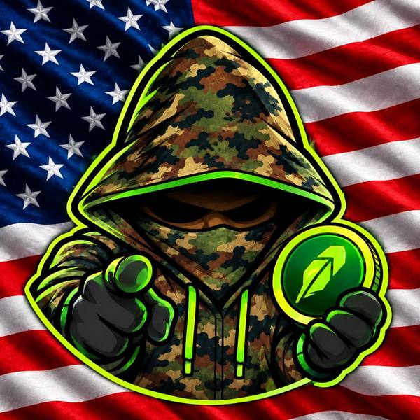 Camo-hooded Hoodster pointing forward and holding a glowing green coin in front of an American flag