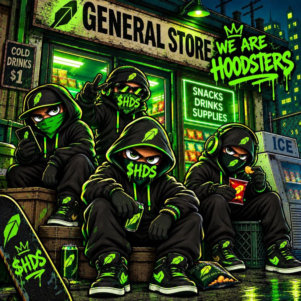 Four Hoodsters in black hoodies and $HDS masks posted up outside a neon-lit General Store, ‘WE ARE HOODSTERS’ graffiti on the wall