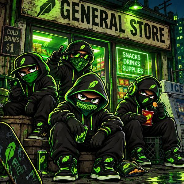 Alternate General Store scene: four Hoodsters outside a neon store at night