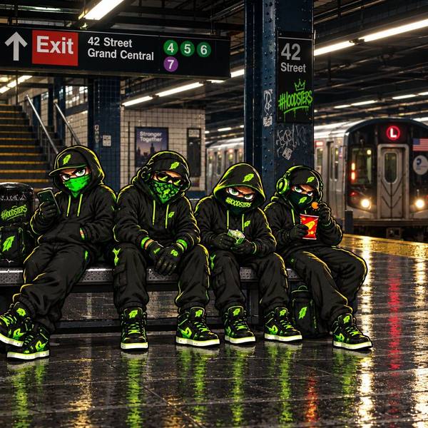 Hoodsters on a bench on a rain-slick 42 Street Grand Central subway platform as a train pulls in