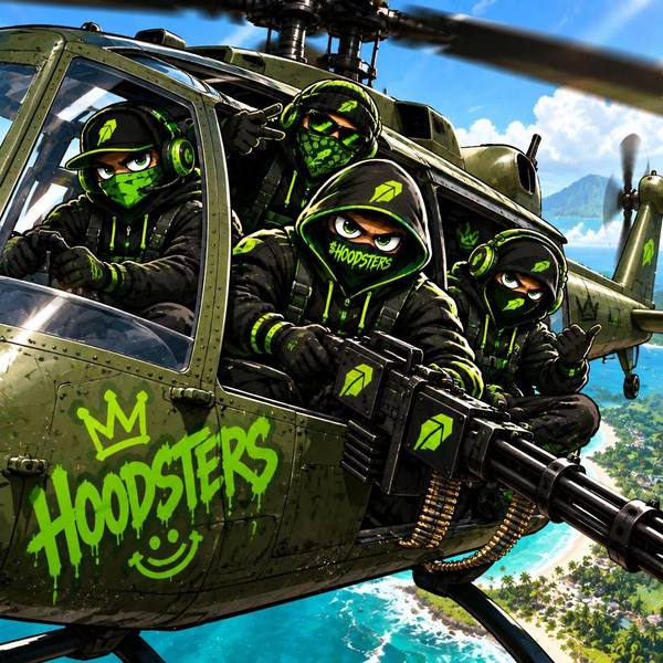 Hoodsters riding in an olive-green helicopter with HOODSTERS graffiti on the door, flying over a tropical coast