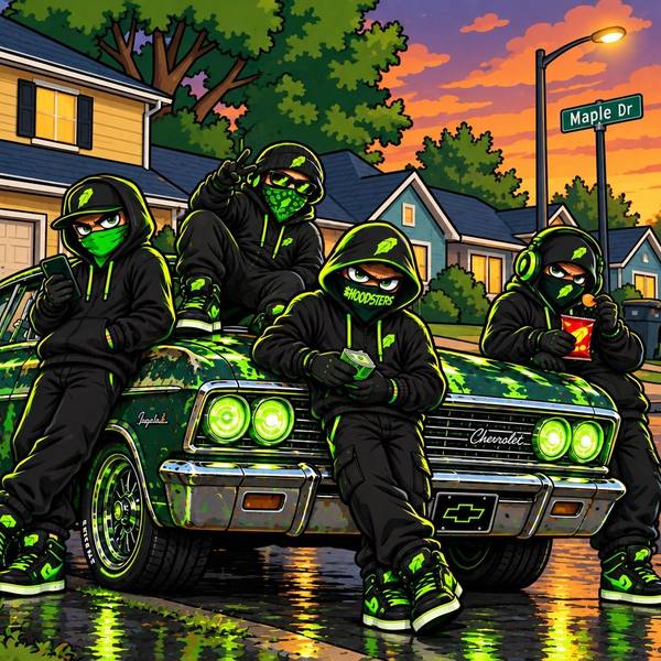 Hoodsters sitting on a green camo lowrider with glowing headlights on Maple Dr at sunset