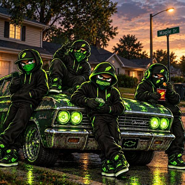 Alternate Maple Dr scene: Hoodsters on a camo Chevrolet lowrider under a dusk sky