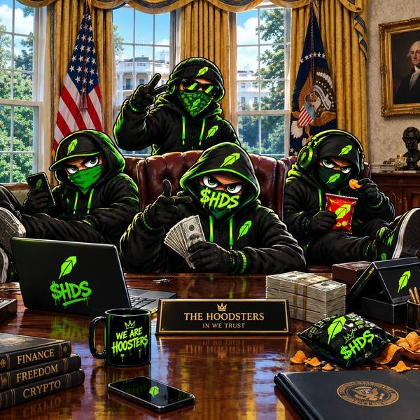 Hoodsters behind a big desk with $HDS laptop, cash stacks and a ‘The Hoodsters – In We Trust’ nameplate