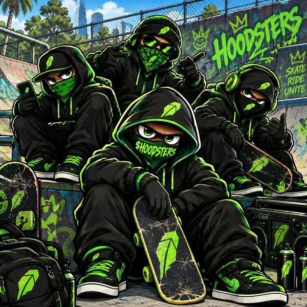 Hoodster crew with skateboards and a boombox at a graffiti skate park, ‘Skate Ride Unite’ tag behind them