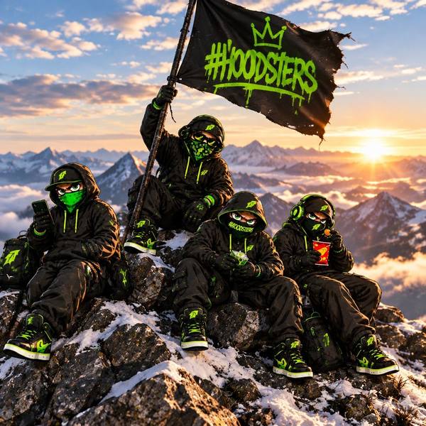 Hoodsters on a snowy mountain peak at sunrise, one waving a black #HOODSTERS crown flag