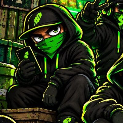 Hoodster in a cap and green bandana checking a phone