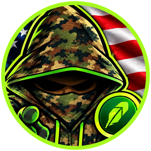 Hoodsters logo: camo Hoodster holding a green coin
